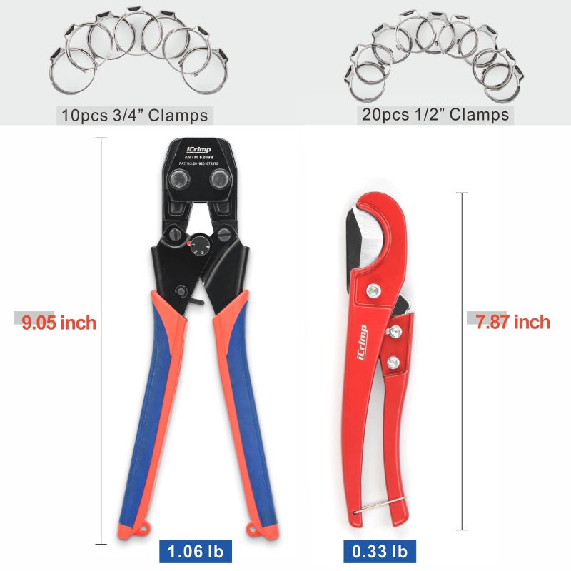 iCrimp Mini PEX Pipe Quick Cinch Tool Set for Stainless Steel Clamp from 3/8-inch to 1-inch with Pex Cutter,20pcs 1/2-inch and 10pcs 3/4-inch Stainless Steel Clamps included - Image 2